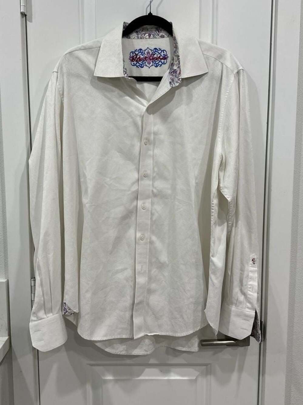 Robert Graham Men's White Embossed Paisley Button Up Shirt with Contrast Cuffs